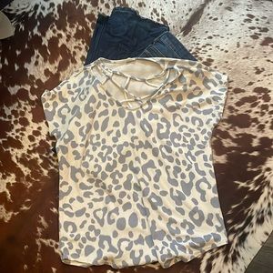 Grey Cheetah top with detailing on neck